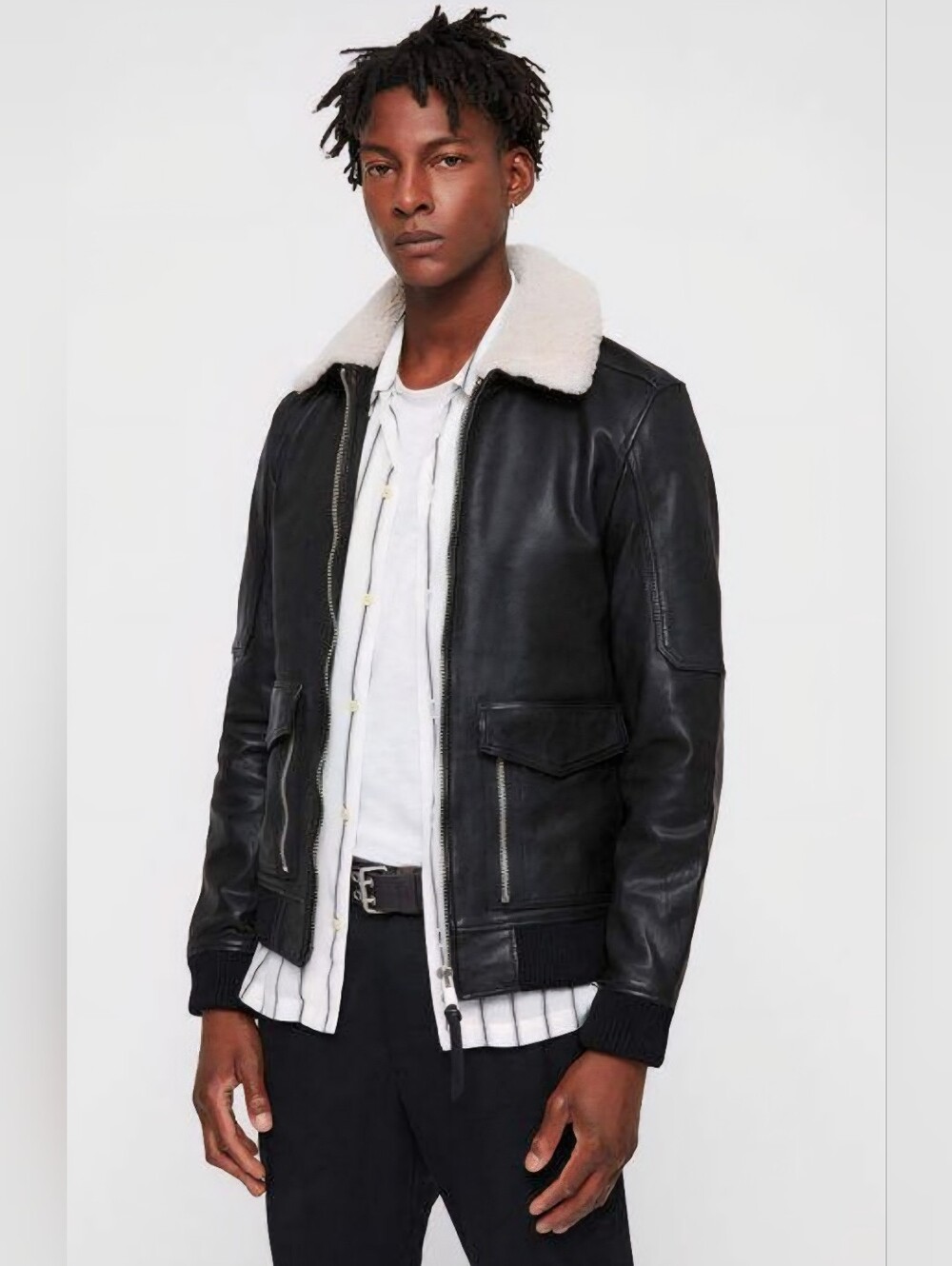 All Saints Bardell Aviator Leather Shearling Collar Jacket Size Medium